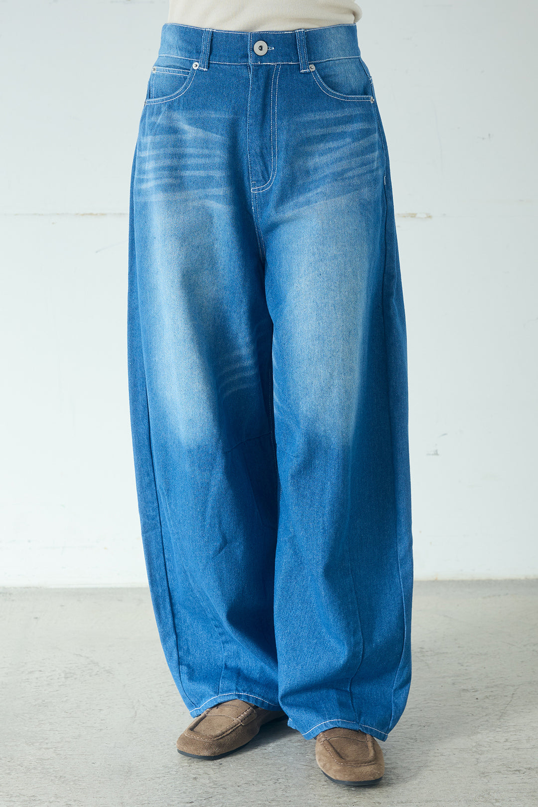 [SET]ヴィンテージ加工デニムオーバーシャツ+ヴィンテージ加工デニムワイドパンツ(2set)