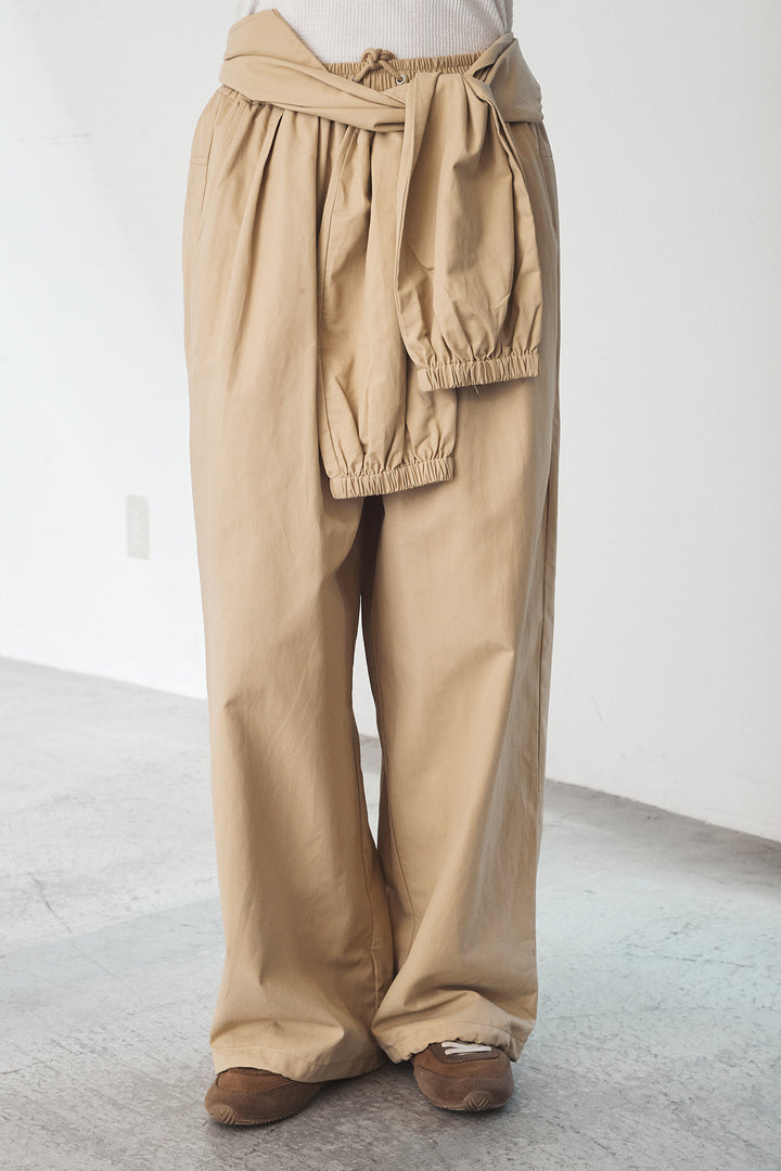 [SET]メッシュフリンジ切り替えプルオーバー+合繊ツイルスタンドウエスト巻きジョガーパンツ(2set)