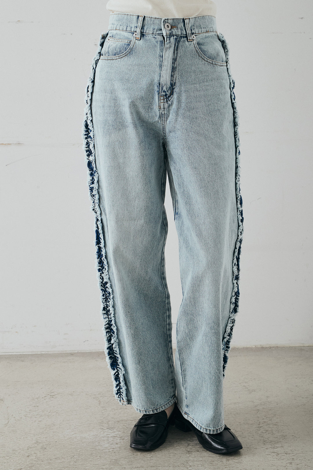 [SET]ランダムストライプスカーフ付きシャツ+デニムサイドフリルパンツ(2set)