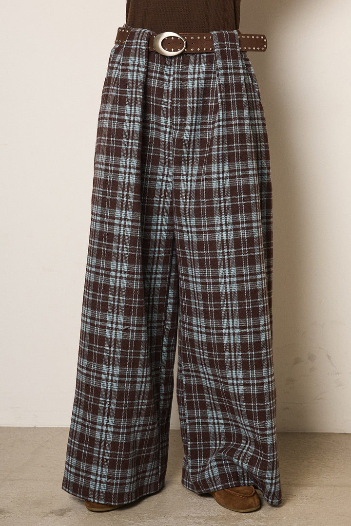 [SET]デニム襟ダブルジップニットトップス+スタッズデザインベルトタータンチェックパンツ(2set)