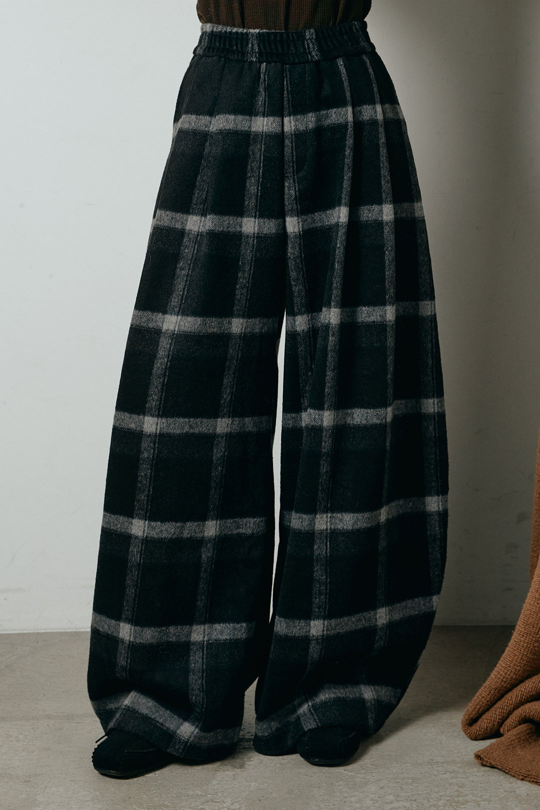 [SET]ハイネックショート丈ボアジップブルゾン+起毛タータンチェック柄ワイドパンツ(2set)