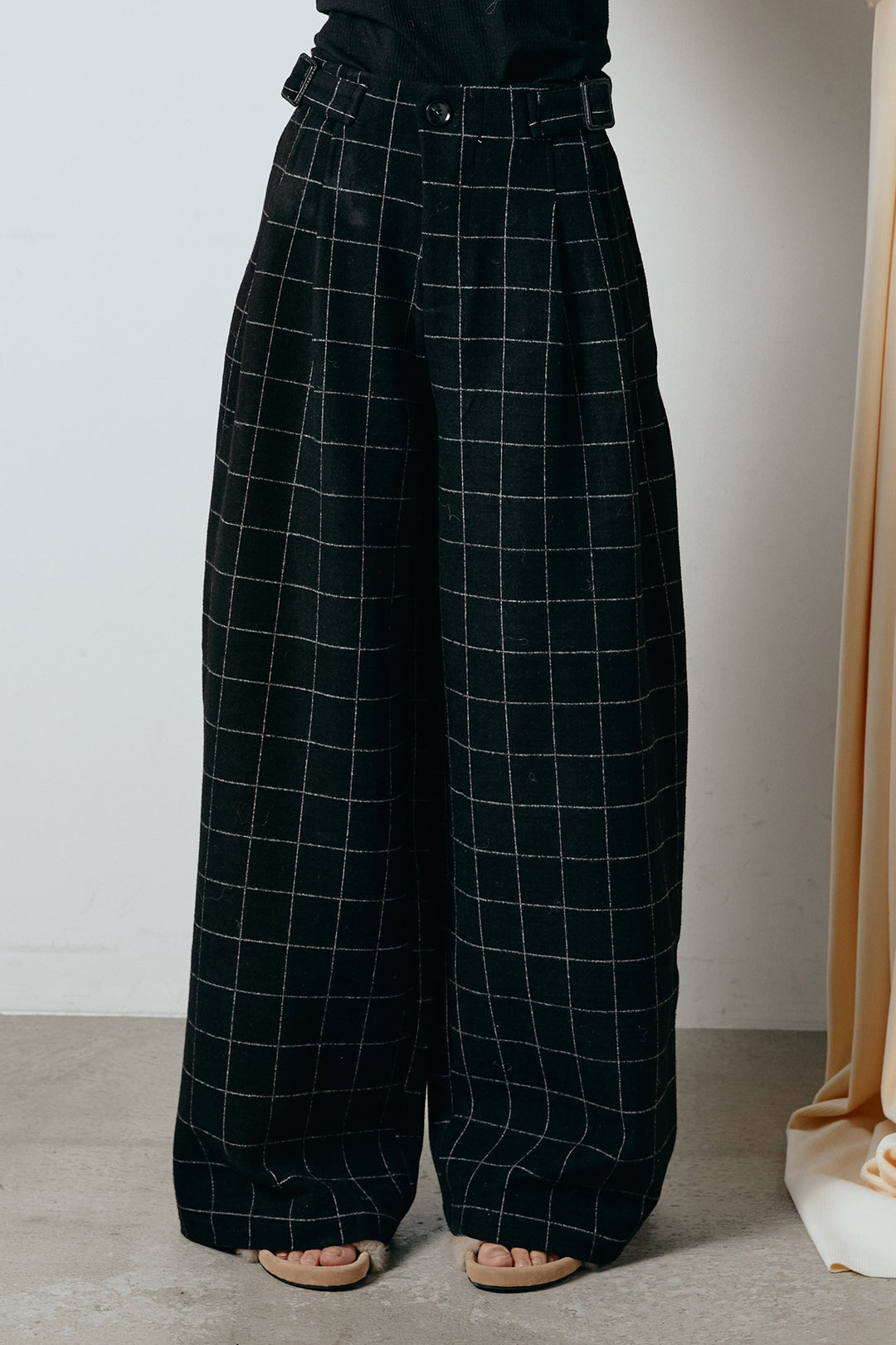 [SET]シャギーショートジャケット+スクエアチェック柄ワイドパンツ(2set)