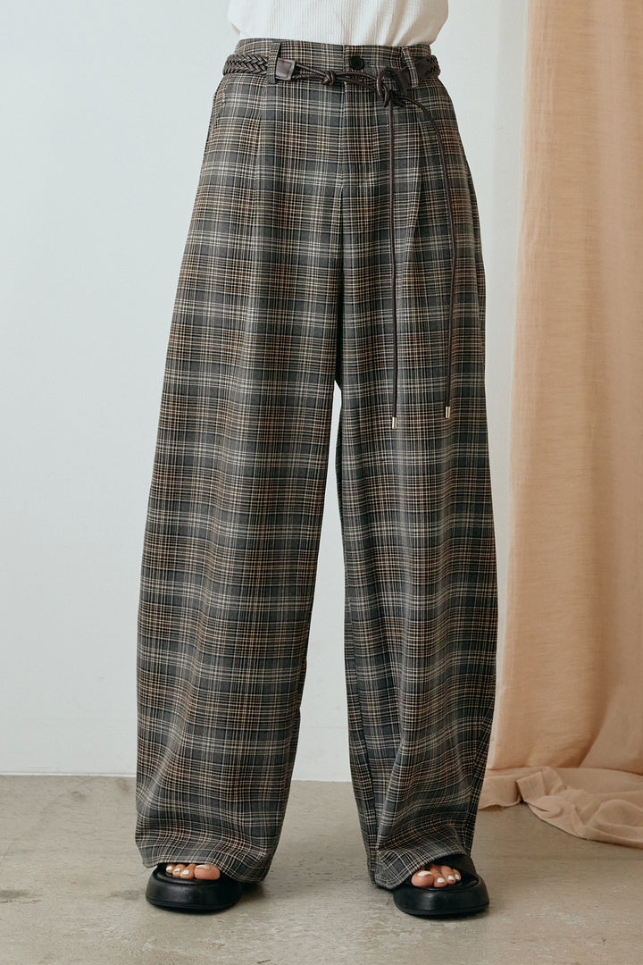 [SET]カシュクールデザインニット+編みベルト付きタータンチェックワイドパンツ(2set)