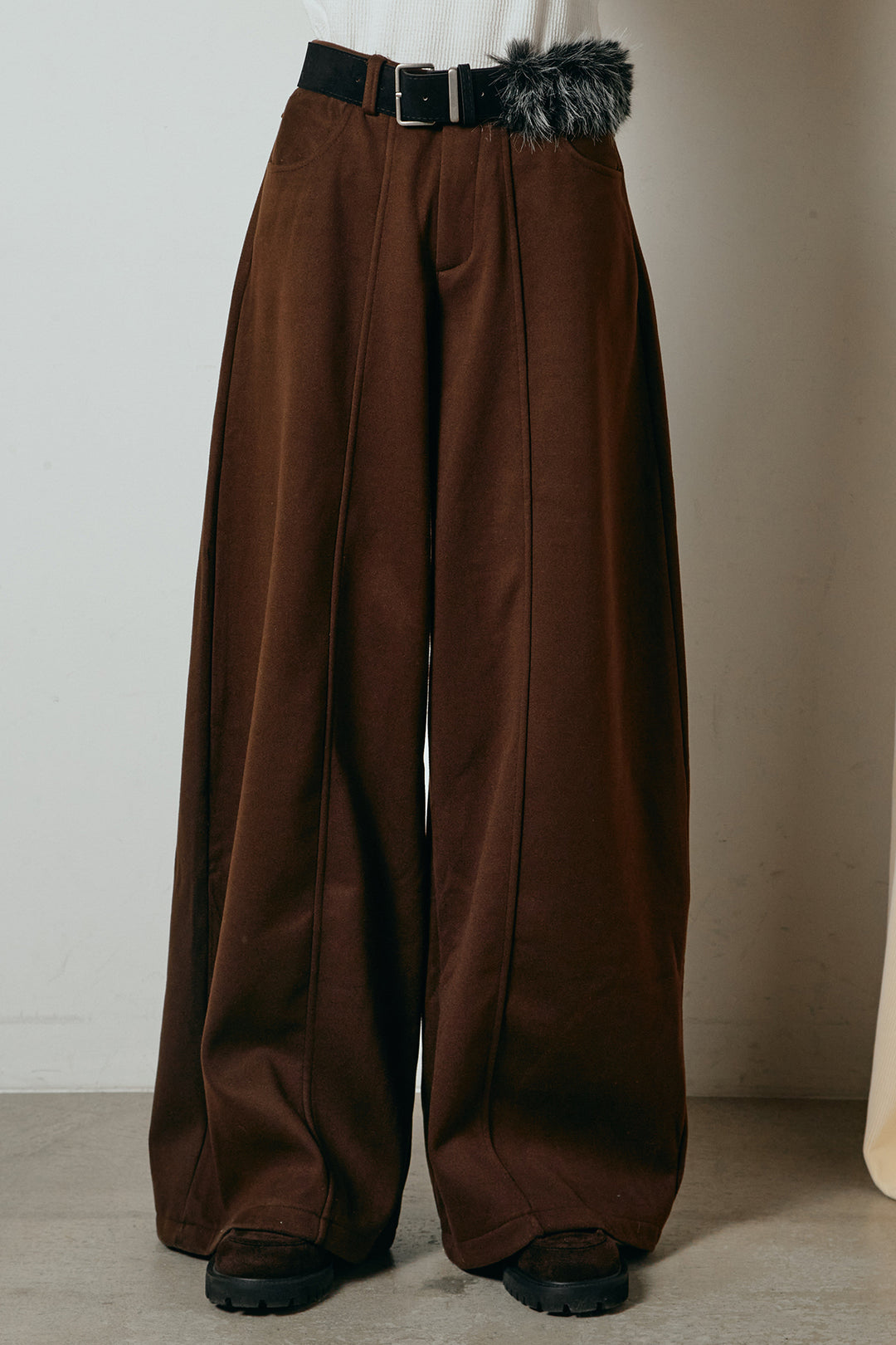 [SET]起毛ニュアンス柄ニットプルオーバー+ファーベルト付きワイドパンツ(2set)