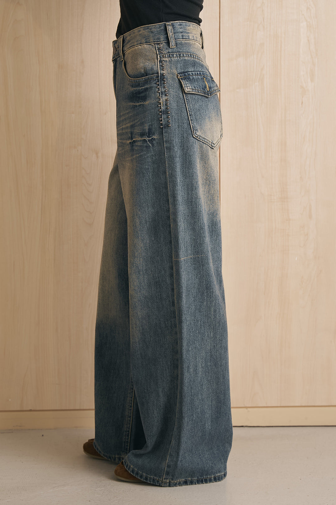 [SET]ブークレファーカラーダブルジップアウター+サイドスタッズデニムパンツ(2set)