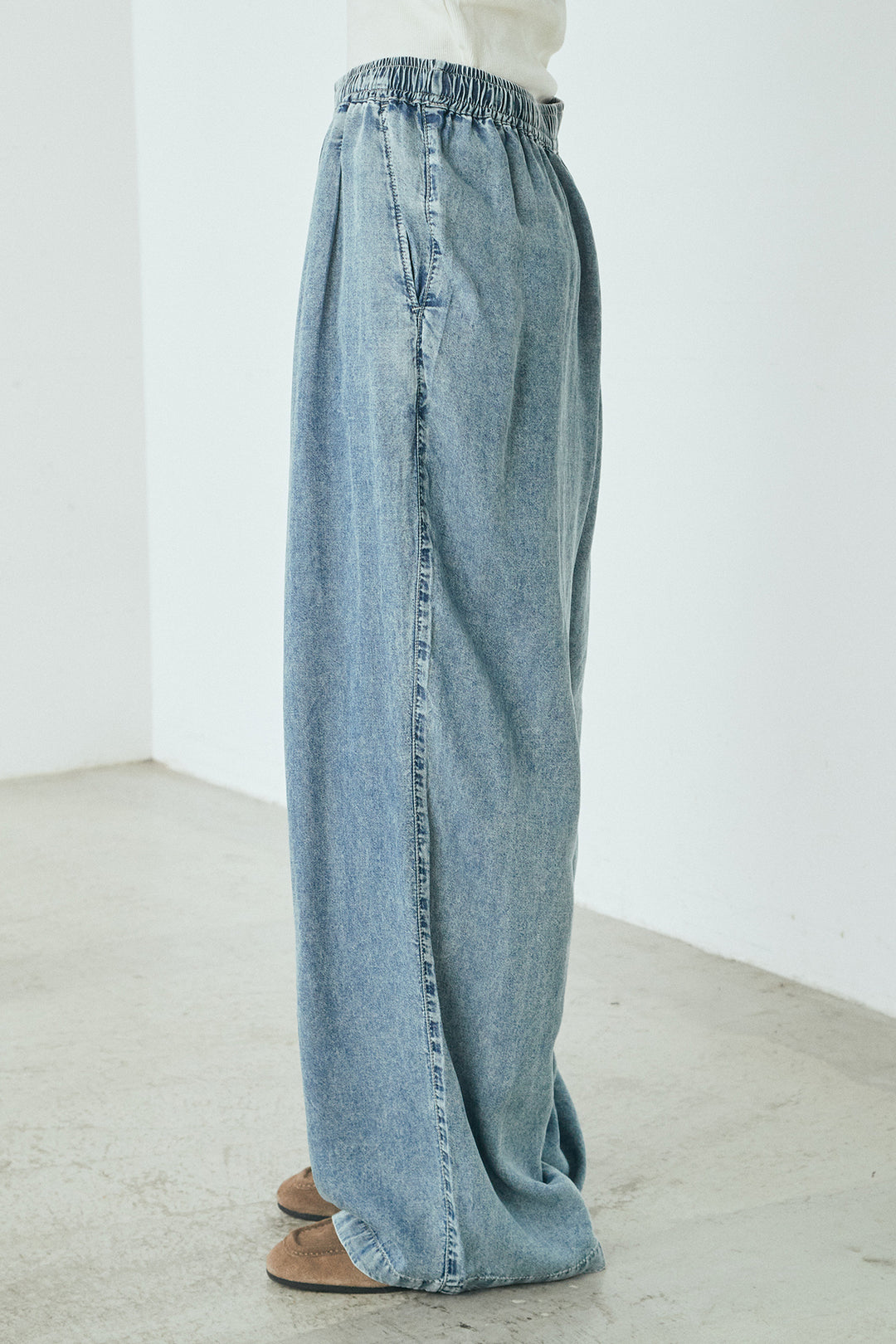 [SET]テンセルデニムシャツ+テンセルデニムイージーワイドパンツ+ストレッチレースクルーネックインナー(3set)