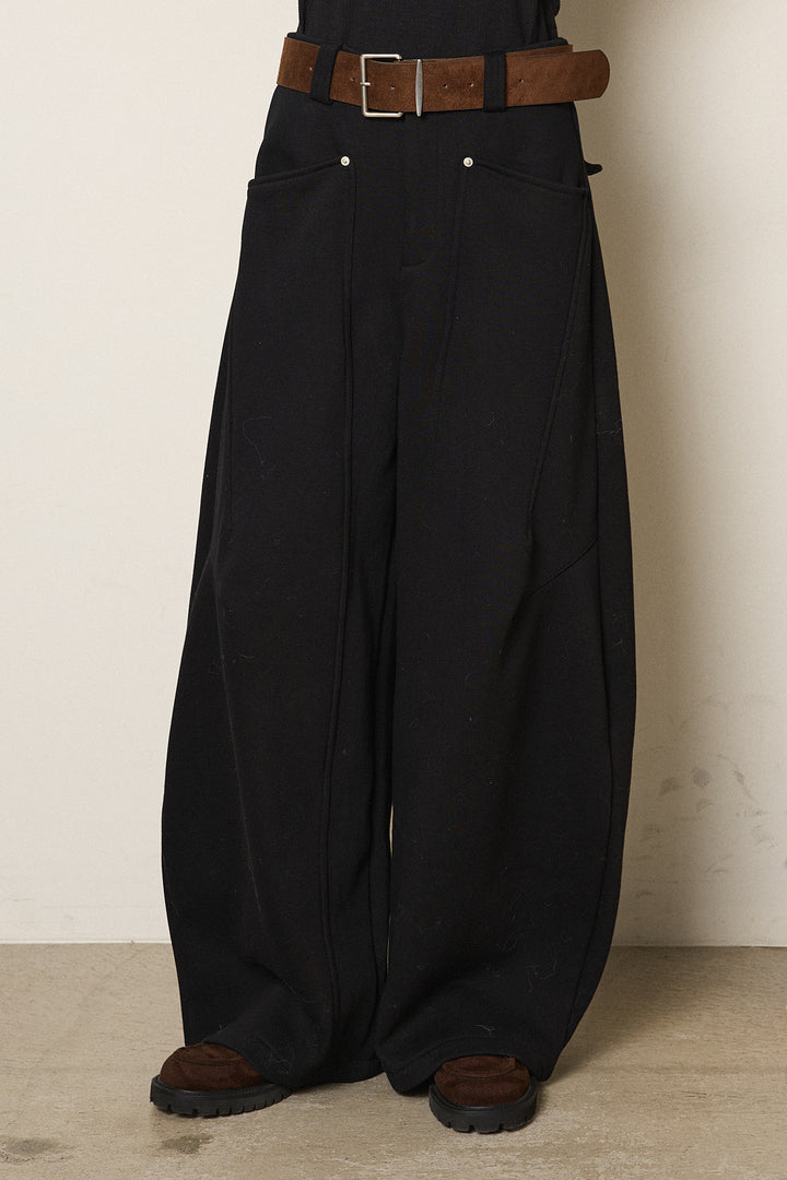 [SET]Vネックハンド編みニットトップス+太ベルト付きスウェットワイドカーブパンツ(2set)