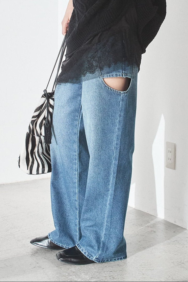 [SET]ケーブルVニットセーター+デニムサイドカットパンツ(2set)