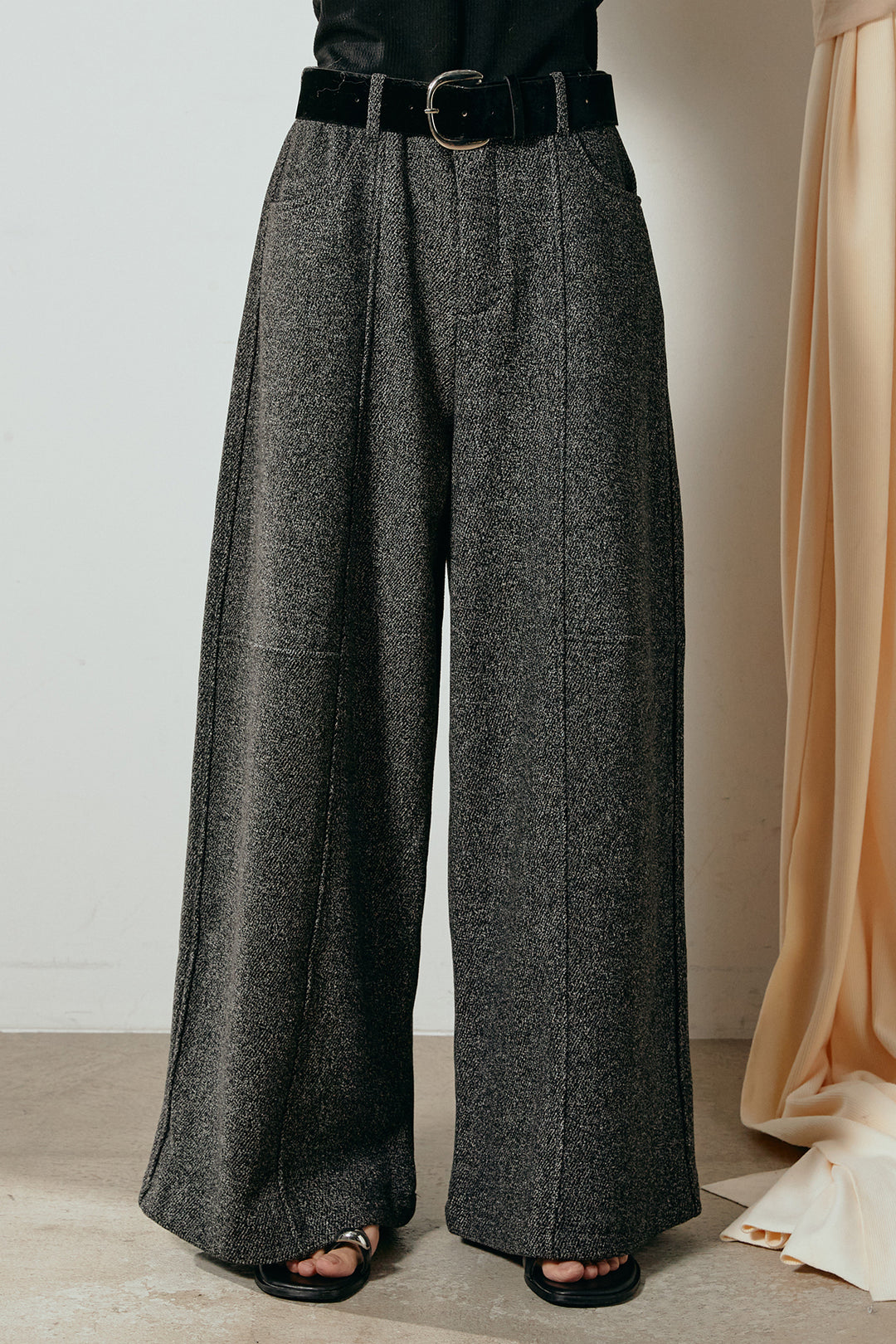 [SET]デニムカラーボーダールーズニット+太ベルト付きツイードワイドパンツ(2set)