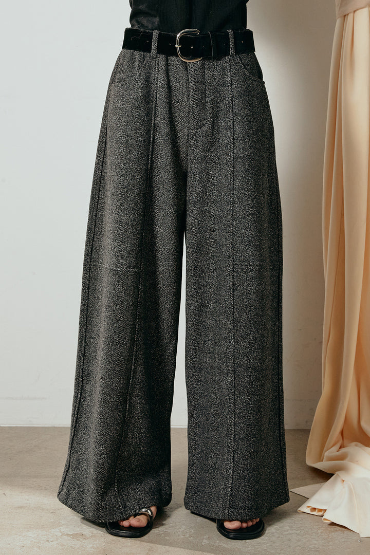 [SET]デニムカラーボーダールーズニット+太ベルト付きツイードワイドパンツ(2set)