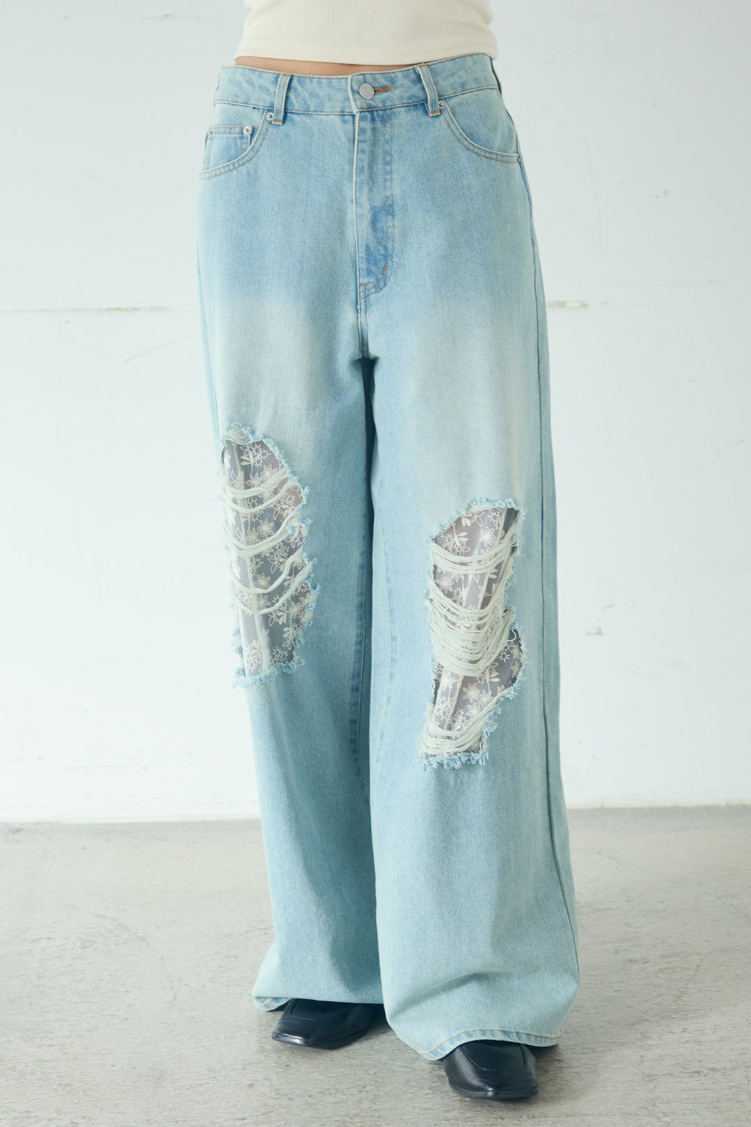 [SET]ローンレースオープンカラーシャツ+デニムレース付きワイドパンツ(2set)