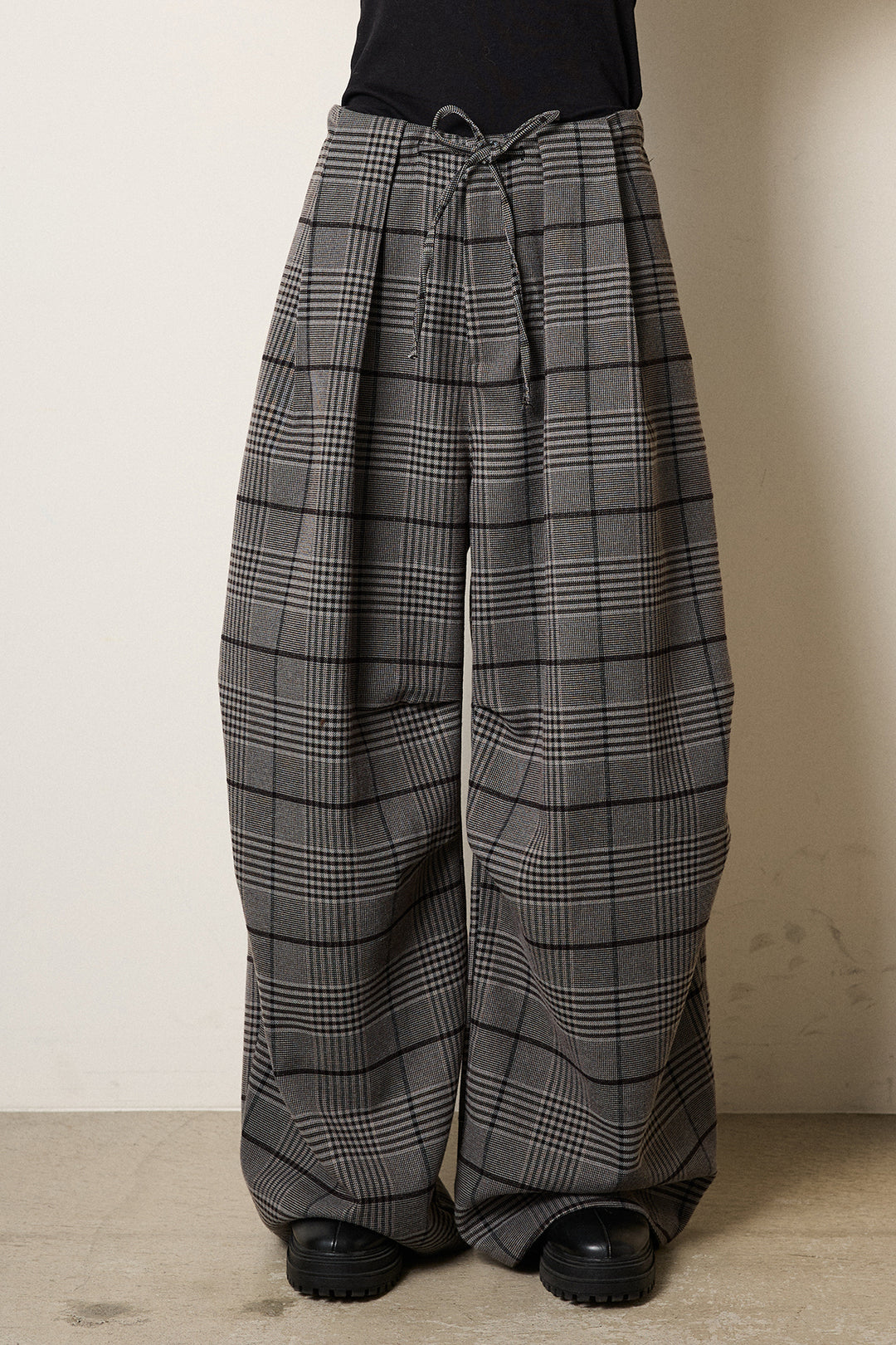 [SET]襟付きシャギーニットカーディガン+グレンチェックルーズタックパンツ(2set)