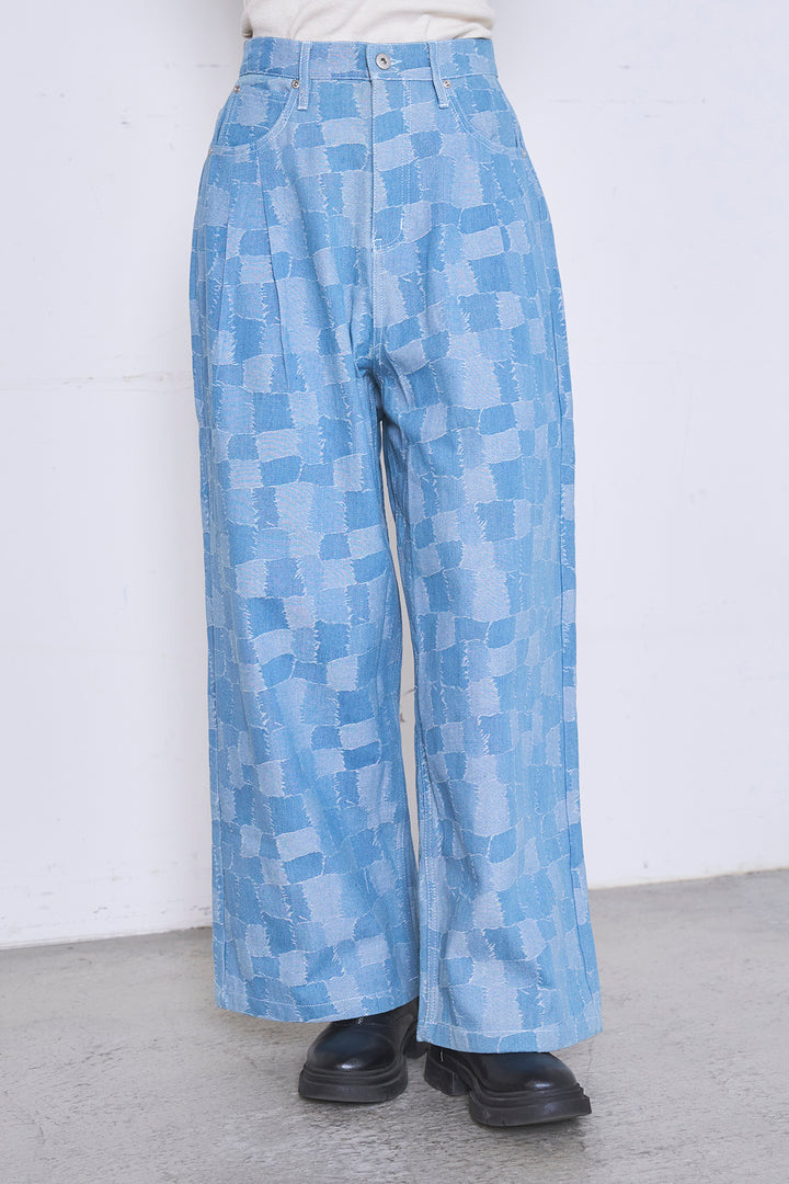 [SET]ロングシアーアウター+パッチワーク風デニムワイドパンツ(2set)