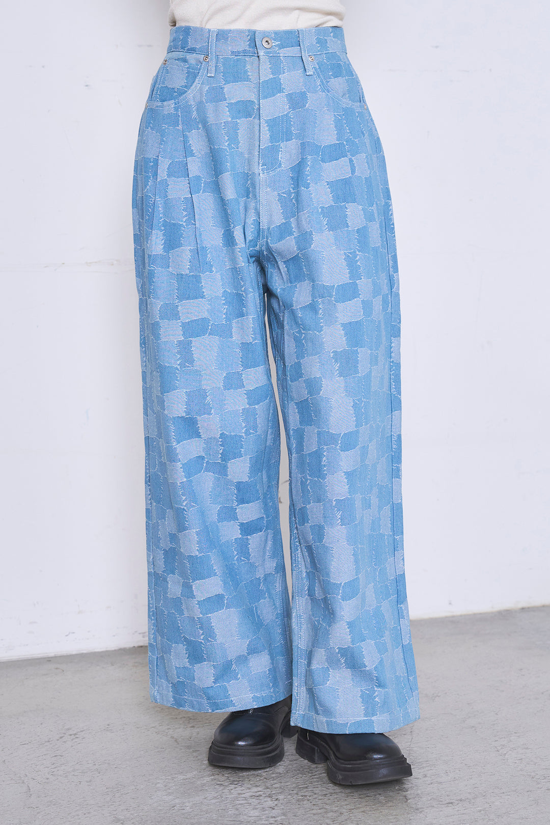 パッチワーク風デニムワイドパンツ