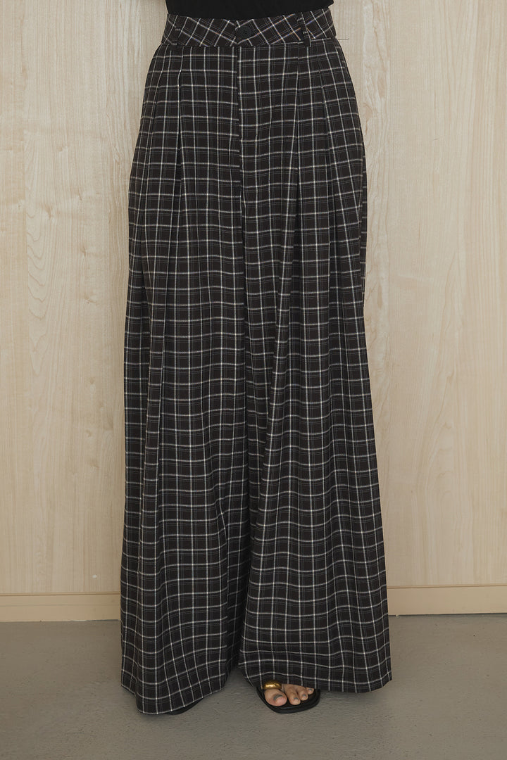 [SET]ブロード2wayフリルトップス+ツータックチェックワイドパンツ(2set)