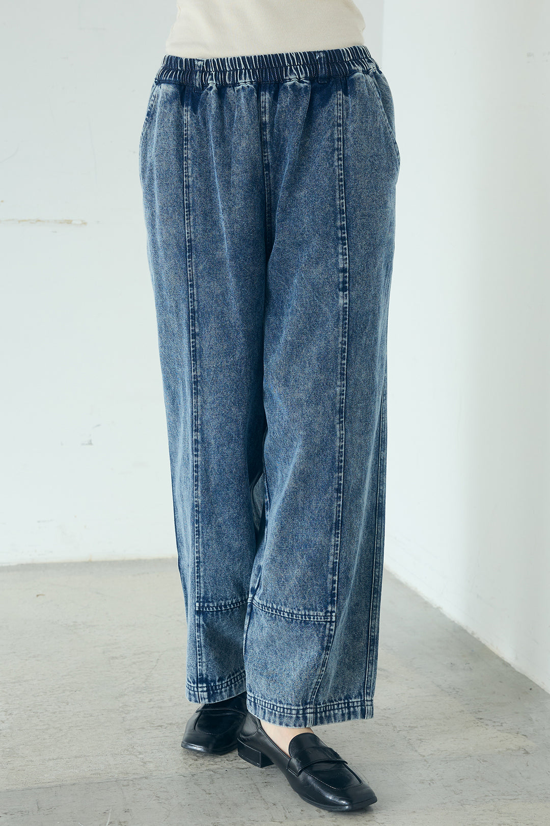 [SET]カラーデニムケミカル加工ノーカラーブルゾン+カラーデニムケミカル加工コクーンパンツ(2set)