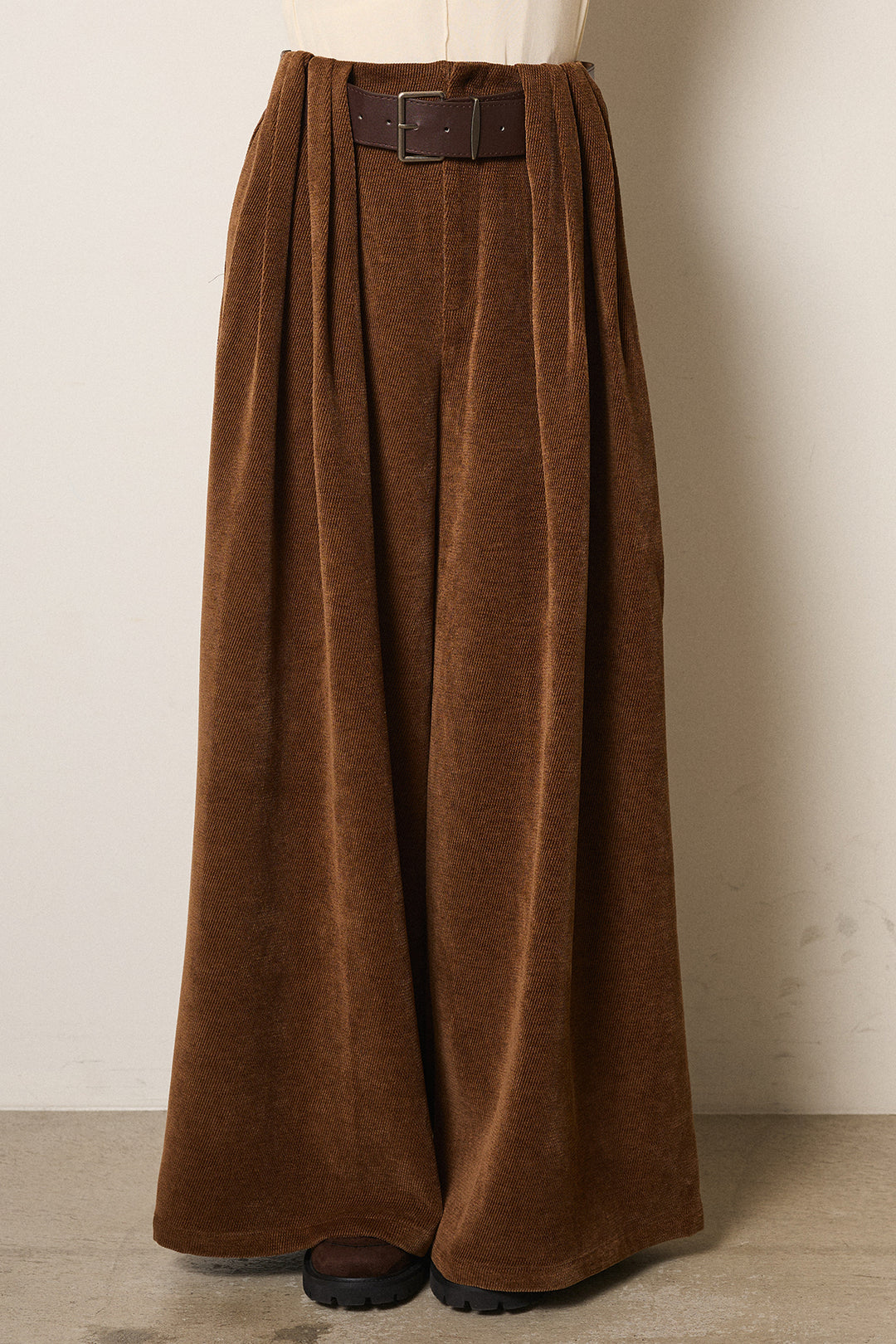 [SET]ループ編み切り替えニットプルオーバー+ベルトループコーデュロイワイドパンツ(2set)