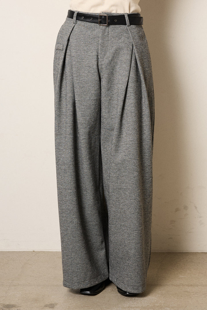 [SET]シャギーウェーブ柄クルーネックニットトップス+細ベルト付き起毛タックワイドパンツ(2set)