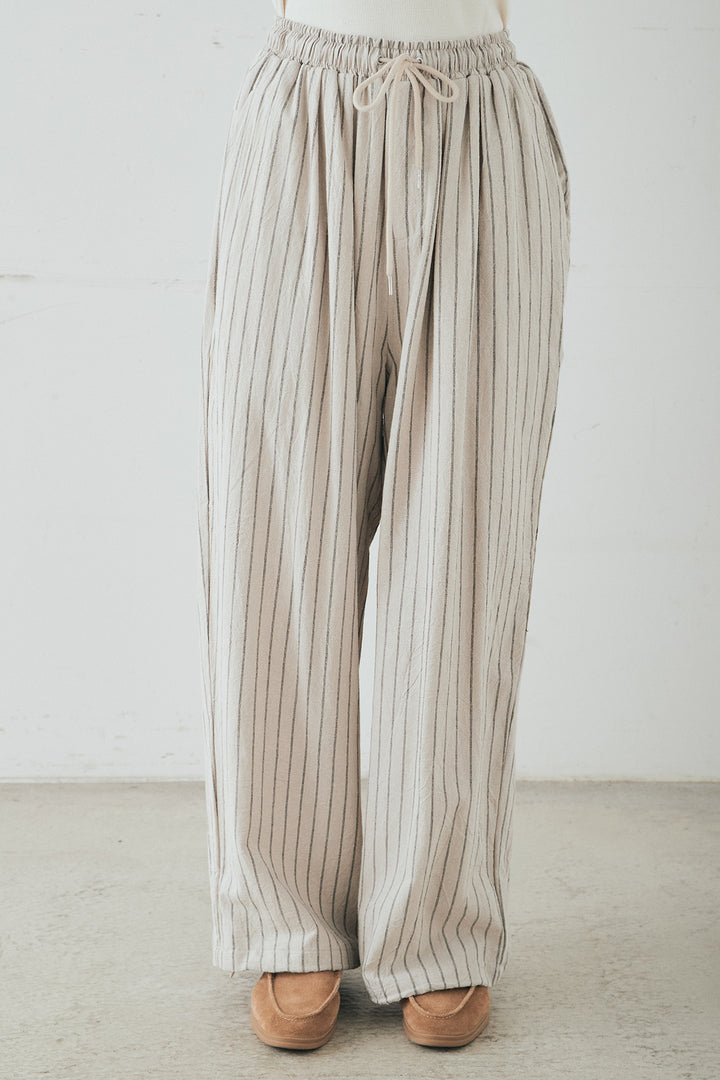 [SET]リネンライクストライプテーラードジャケット+リネンライクストライプタックイージーパンツ+サテンレースアシメキャミ(3set)