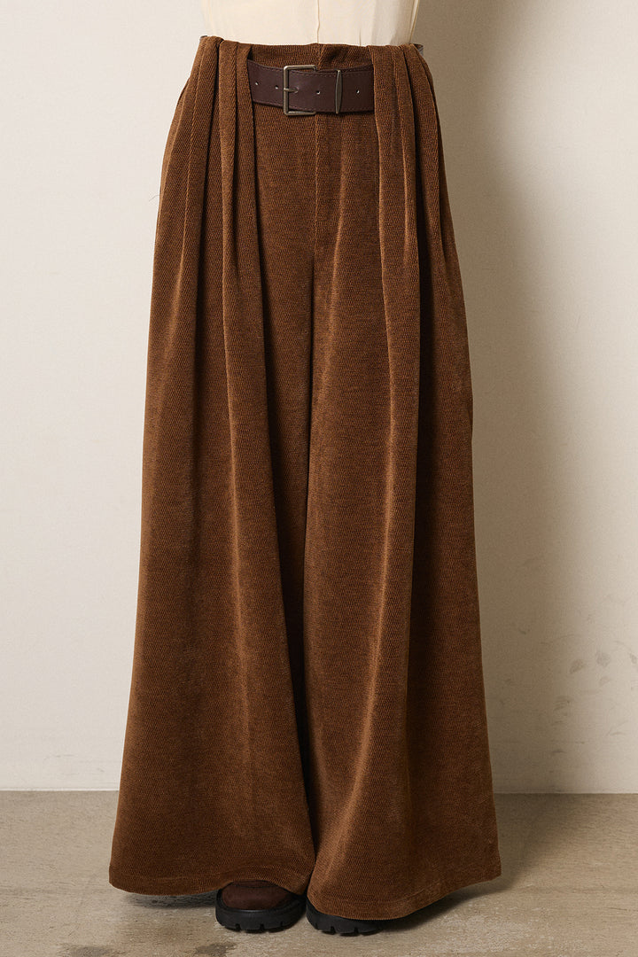 [SET]シャギーウェーブ柄クルーネックニットトップス+ベルトループコーデュロイワイドパンツ(2set)