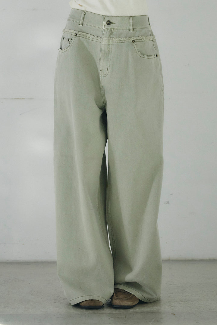 [SET]ネックフリルデザインブラウス+ウエスト裁ち切りデニムワイドパンツ(2set)