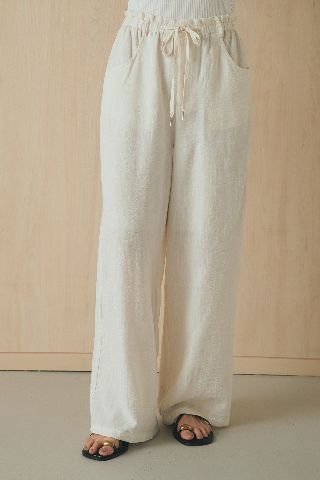 [SET]麻混ノーカラーブルゾン+麻混ウエストドロストパンツ(2set)