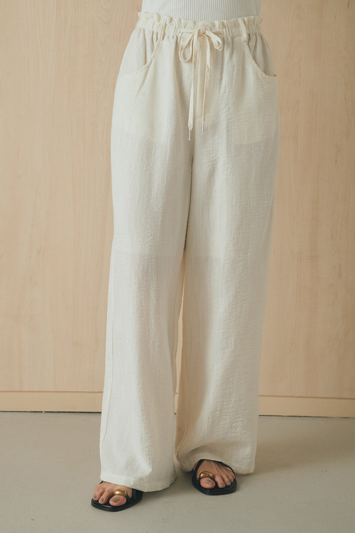 [SET]麻混ノーカラーブルゾン+麻混ウエストドロストパンツ(2set)