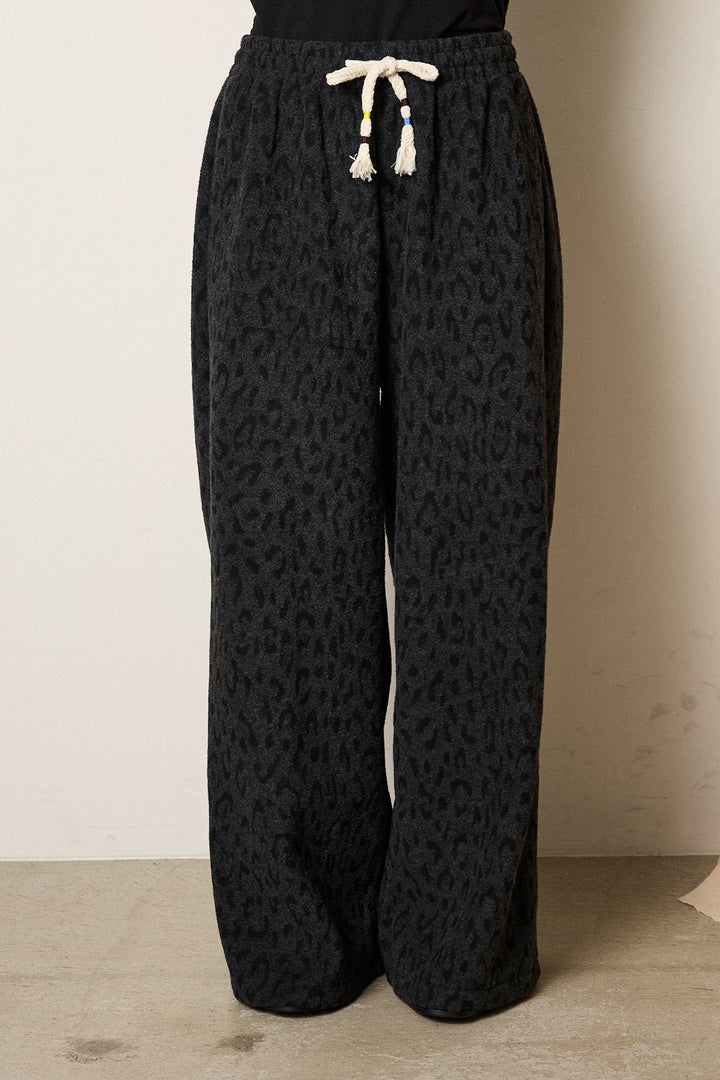 [SET]スタンドネックファーコート+レオパードジャガードニットパンツ(2set)