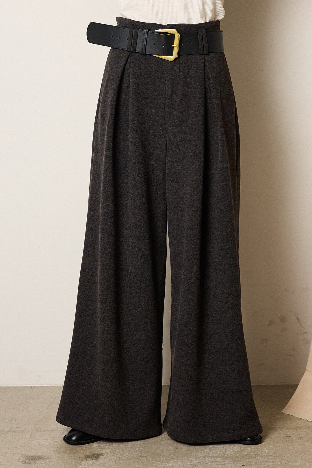 [SET]デニムカラーボーダールーズニット+ゴールドバックル太ベルト付きワイドパンツ(2set)