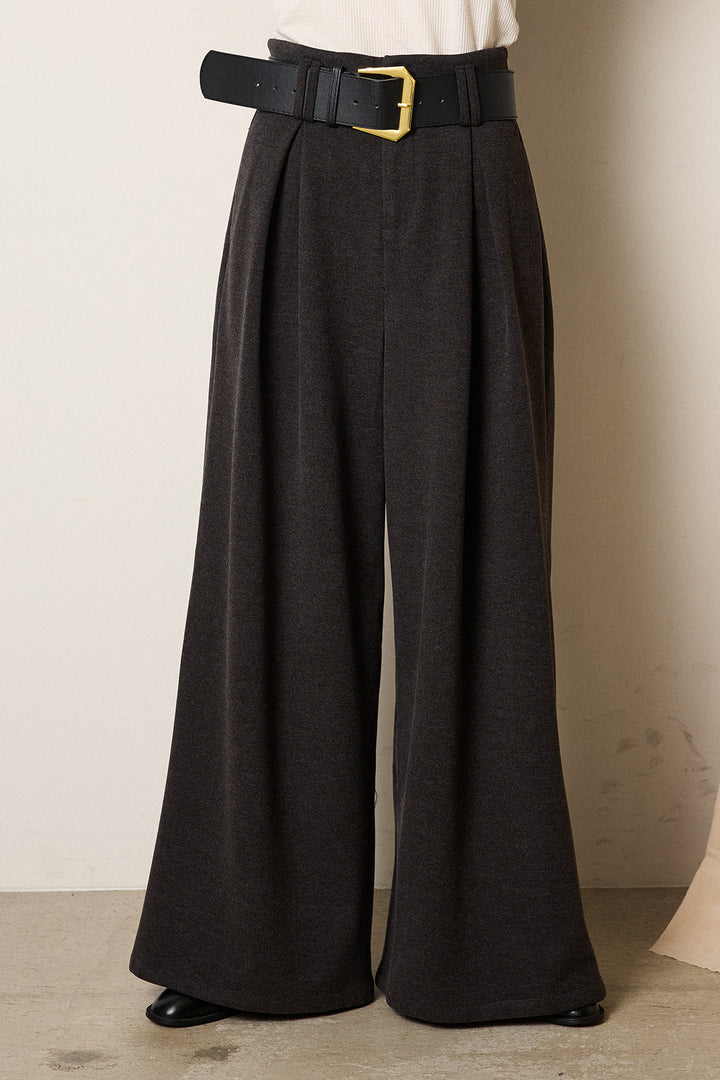 [SET]デニムカラーボーダールーズニット+ゴールドバックル太ベルト付きワイドパンツ(2set)