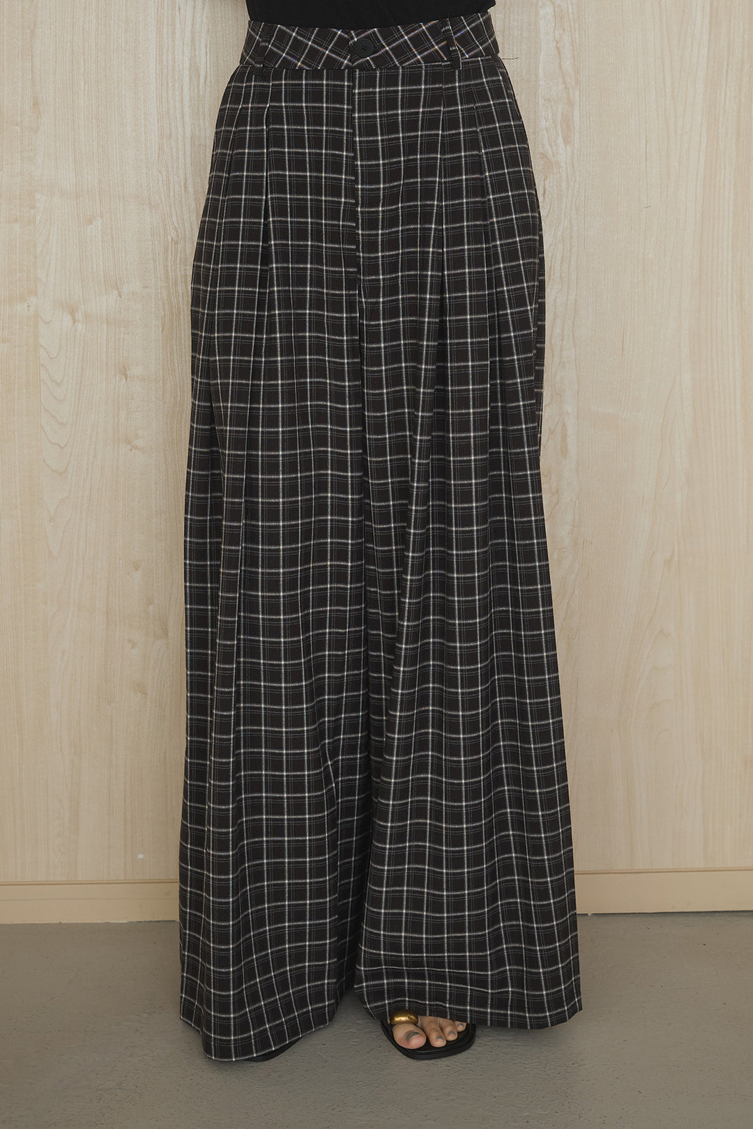 [SET]ワンショルダーウエスト巻きブラウス+ツータックチェックワイドパンツ(2set)