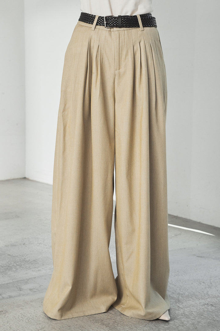 【即納】編みベルト付きウエストタックワイドパンツ