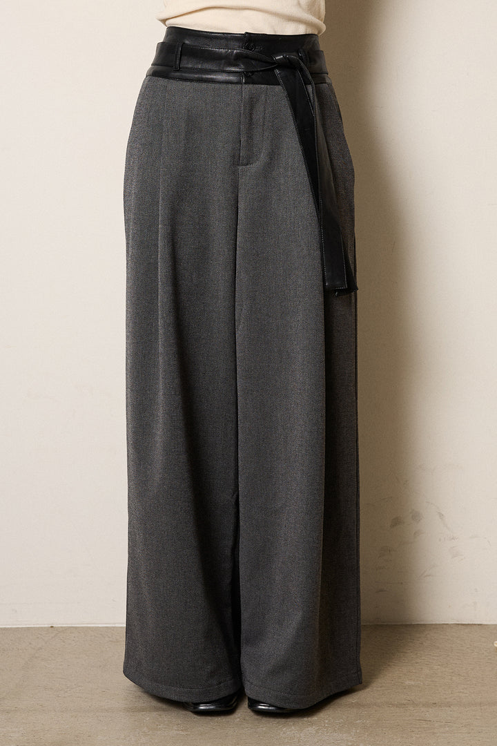 [SET]アニマルジャガード柄ニットトップス+巻ベルトウエストレザーライクワイドパンツ(2set)