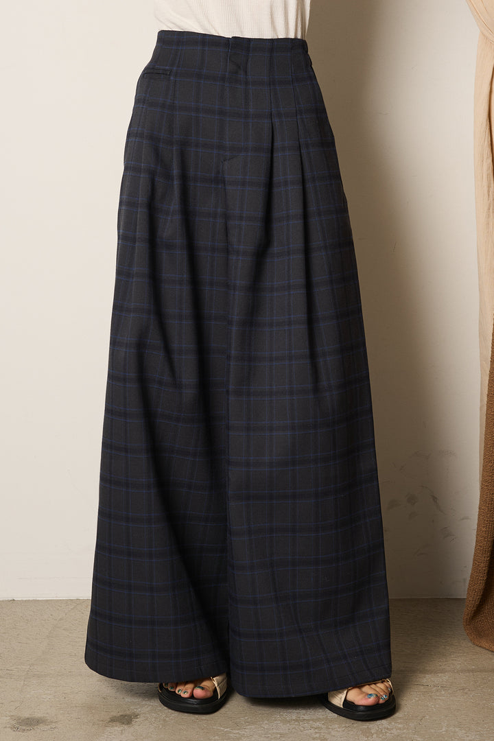 [SET]裾アシメデザインニットトップス+タータンチェック柄くすみワイドパンツ(2set)