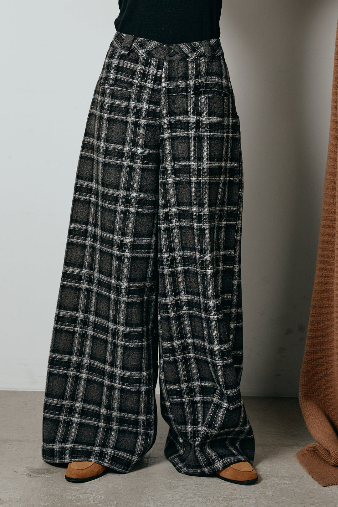 [SET]エコファーショート丈ブルゾン+ルーズタータンチェックワイドパンツ(2set)