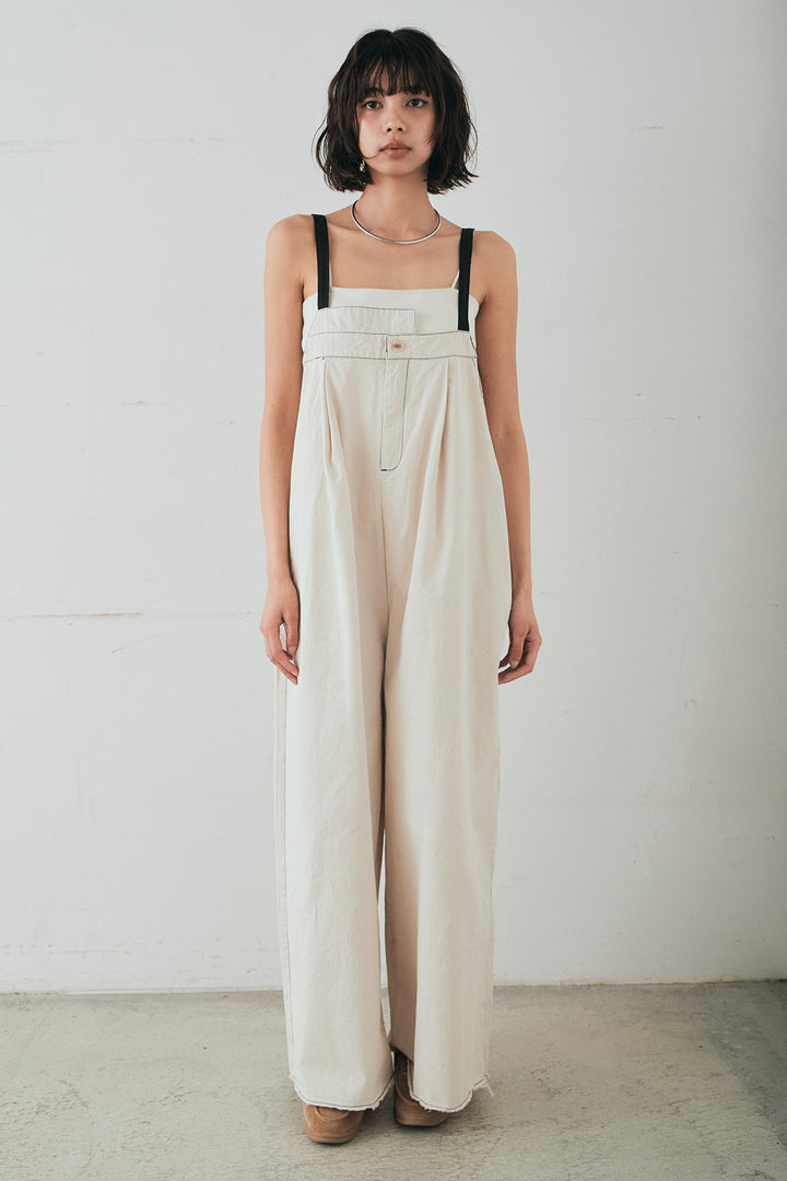 [SET]襟切り替えジップデニムジャケット+綿ツイルアシメサロペット(2set)