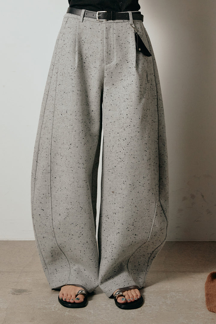 [SET]深Vネックチョウチョヤーンニットトップス+ベルト付きネップツイードカーブパンツ(2set)