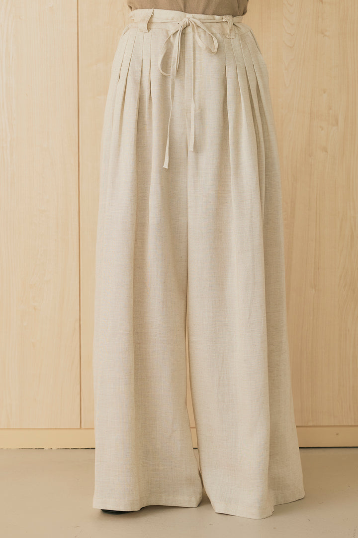 [SET]クラフト透かし編みフレンチニット+紐付き麻混パンツ(2set)
