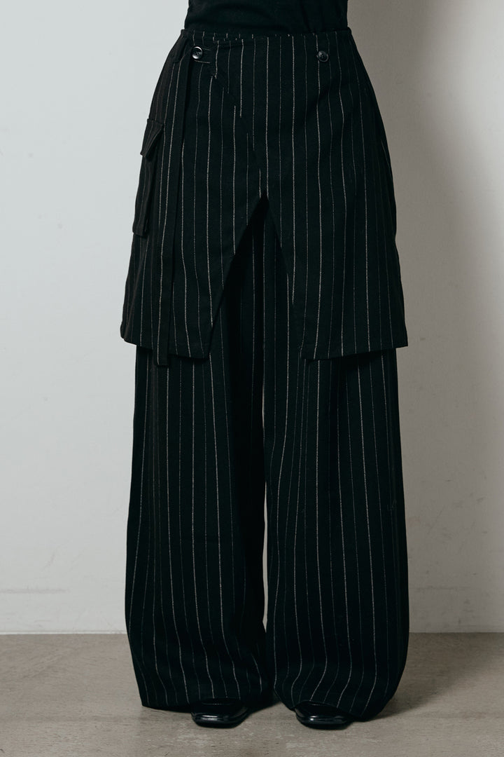 [SET]襟付きレイヤードニットトップス+細ストライプレイヤードデザインパンツ(2set)