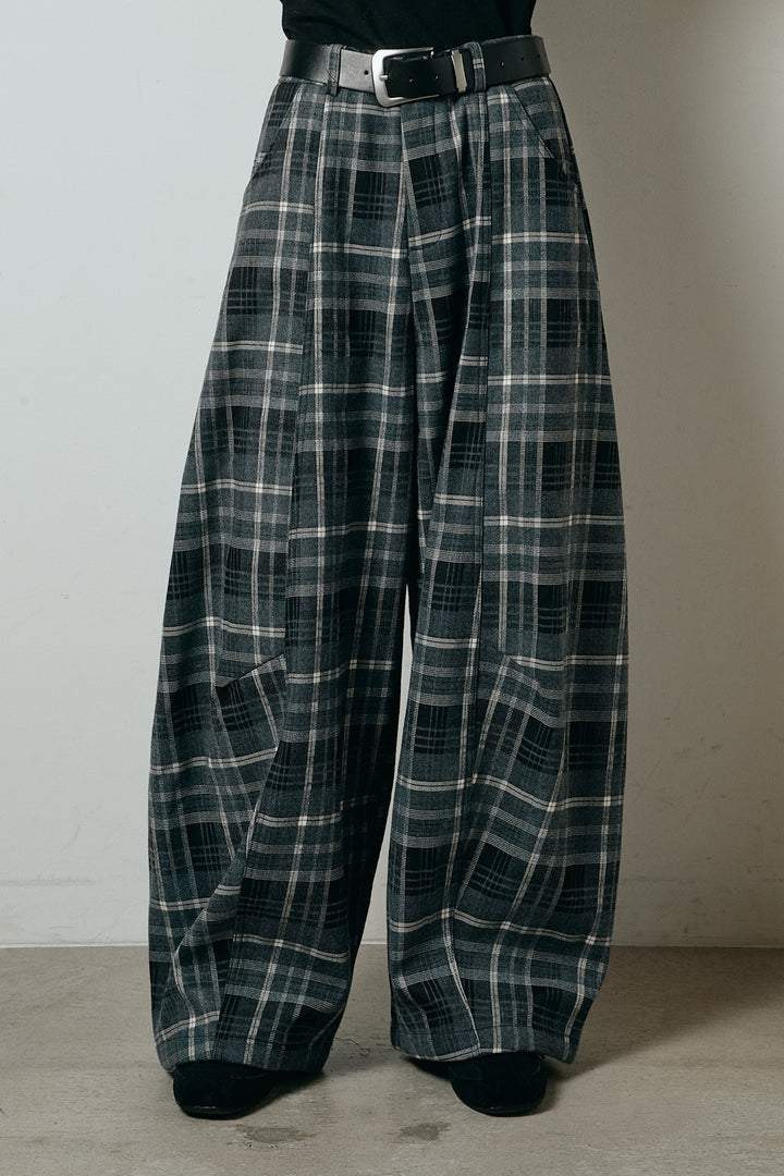 ベルト付きタータンチェックカーブワイドパンツ