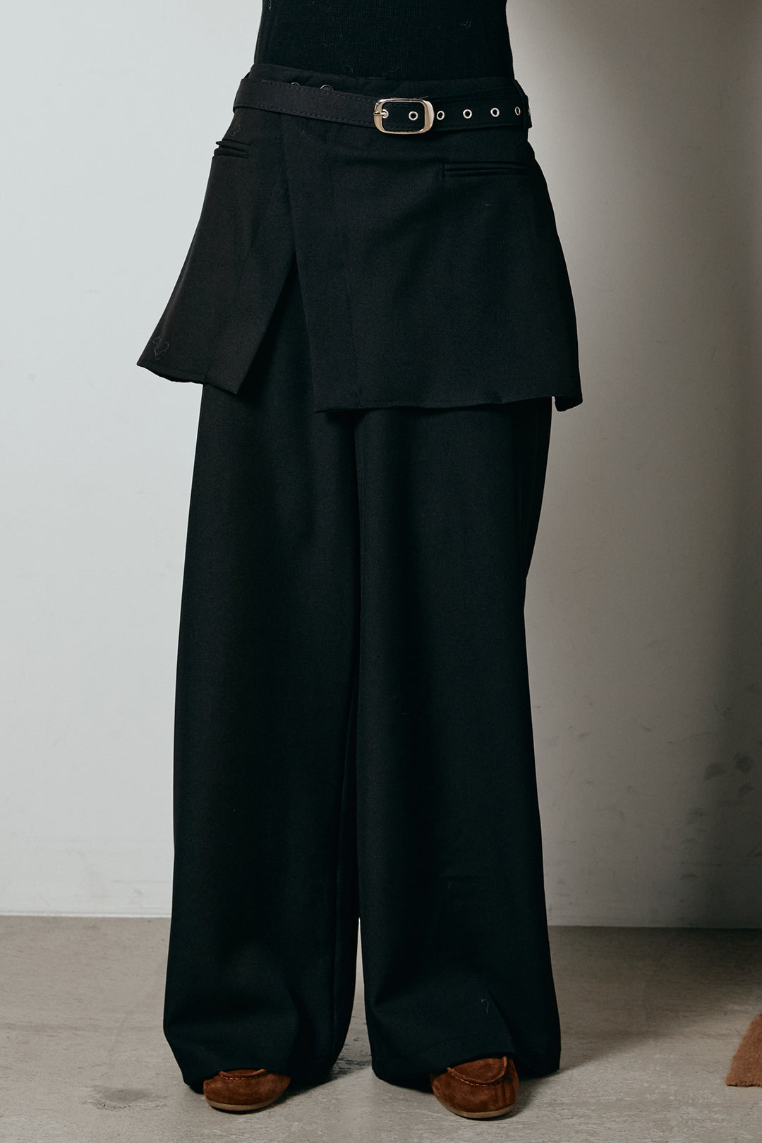 [SET]ボートネックニットトップス+ベルト付きウエストデザインパンツ(2set)