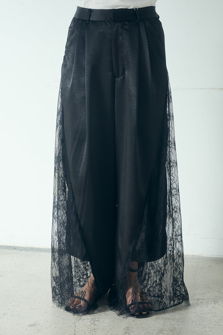 [SET]刺繍レースオーバーサイズシャツ+サテンレース切り替えタックパンツ(2set)