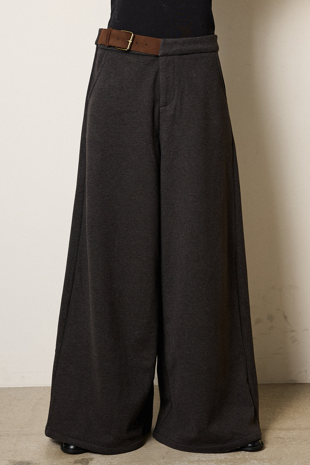 [SET]ウール混透かしロゴニットカーディガン+サイドベルトパンツ(2set)