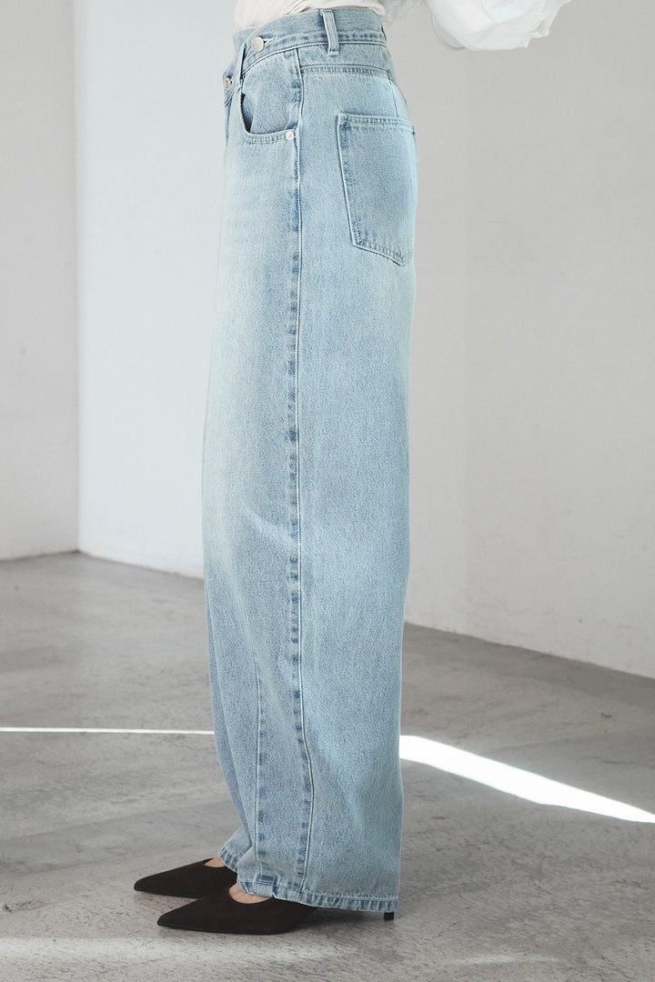 [SET]袖ギャザーデザインブルゾン+デニムアシメカーブパンツ(2set)