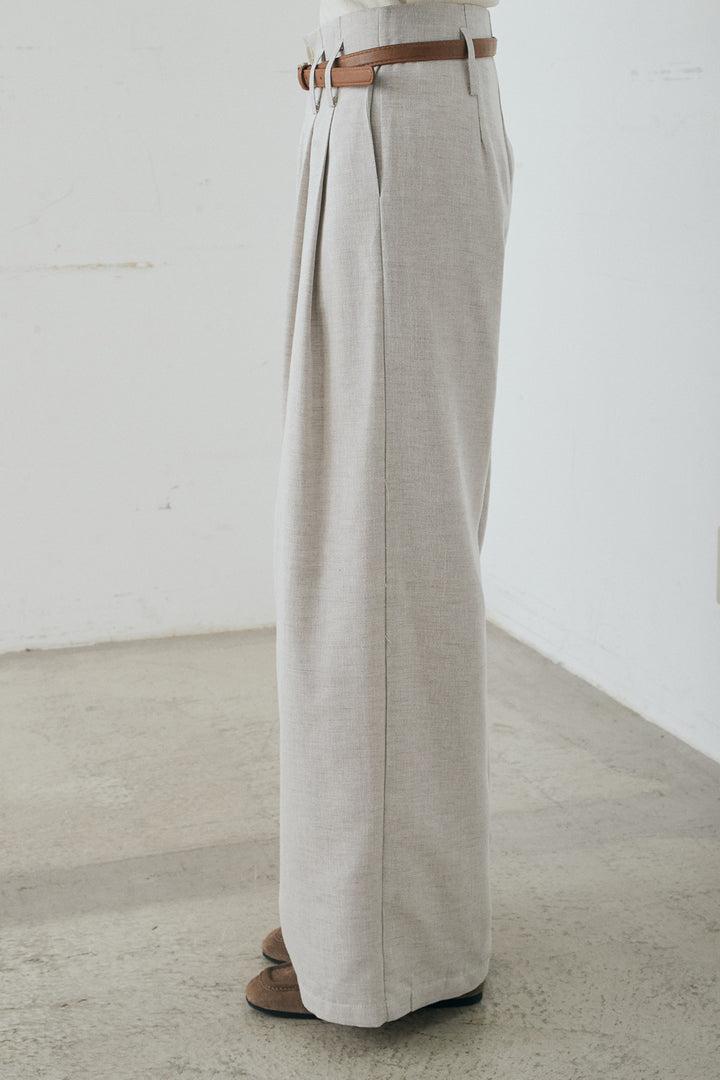 [SET]リネンタッチレースデザインジャケット+リネンタッチ細ベルト付きワイドパンツ(2set)