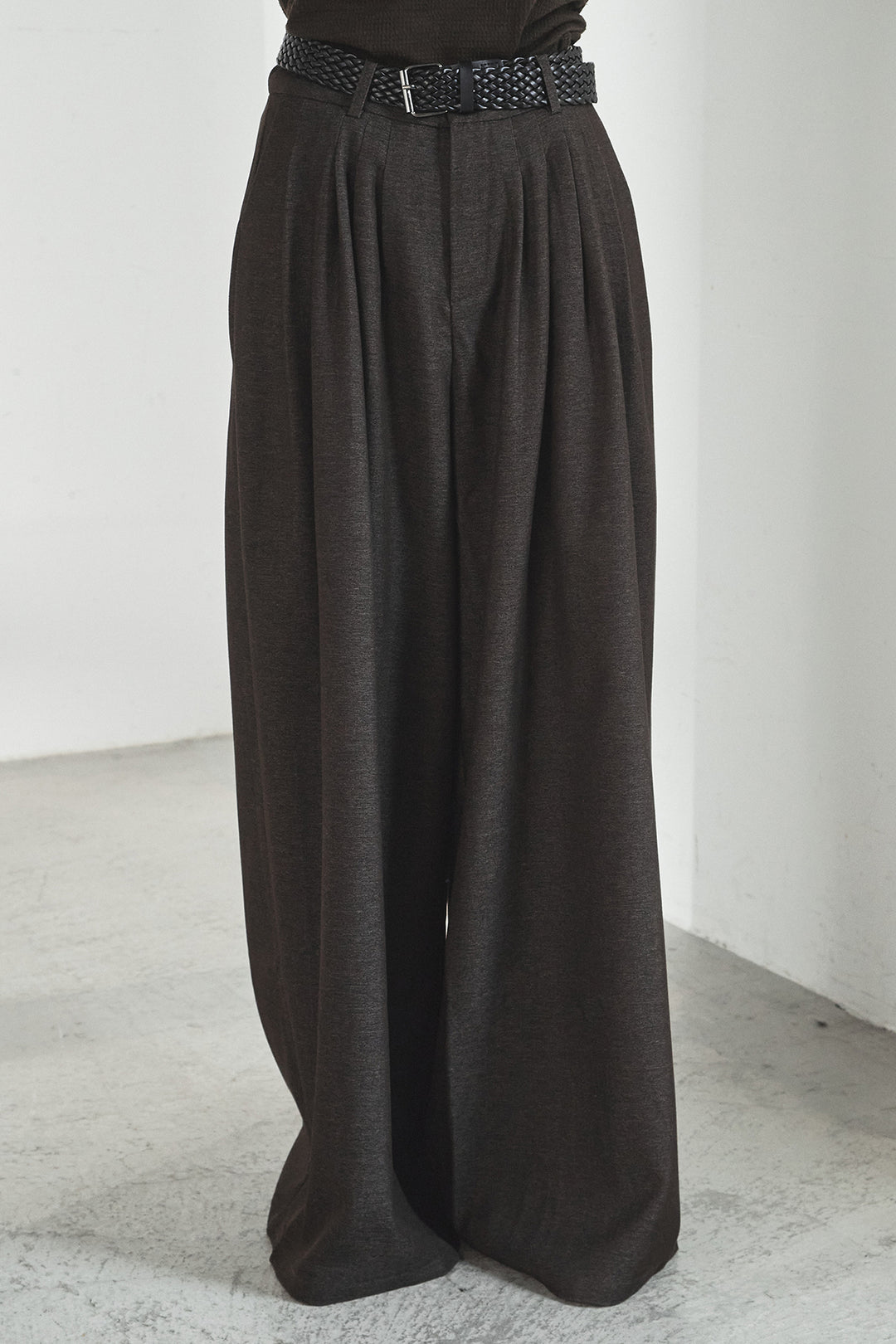 [SET]メッシュフリンジカーディガン+編みベルト付きウエストタックワイドパンツ(2set)