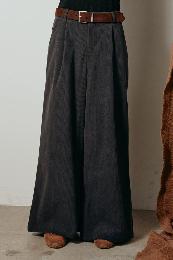 [SET]シャギージャガードニットトップス+太ベルト付きコーデュロイタックパンツ(2set)