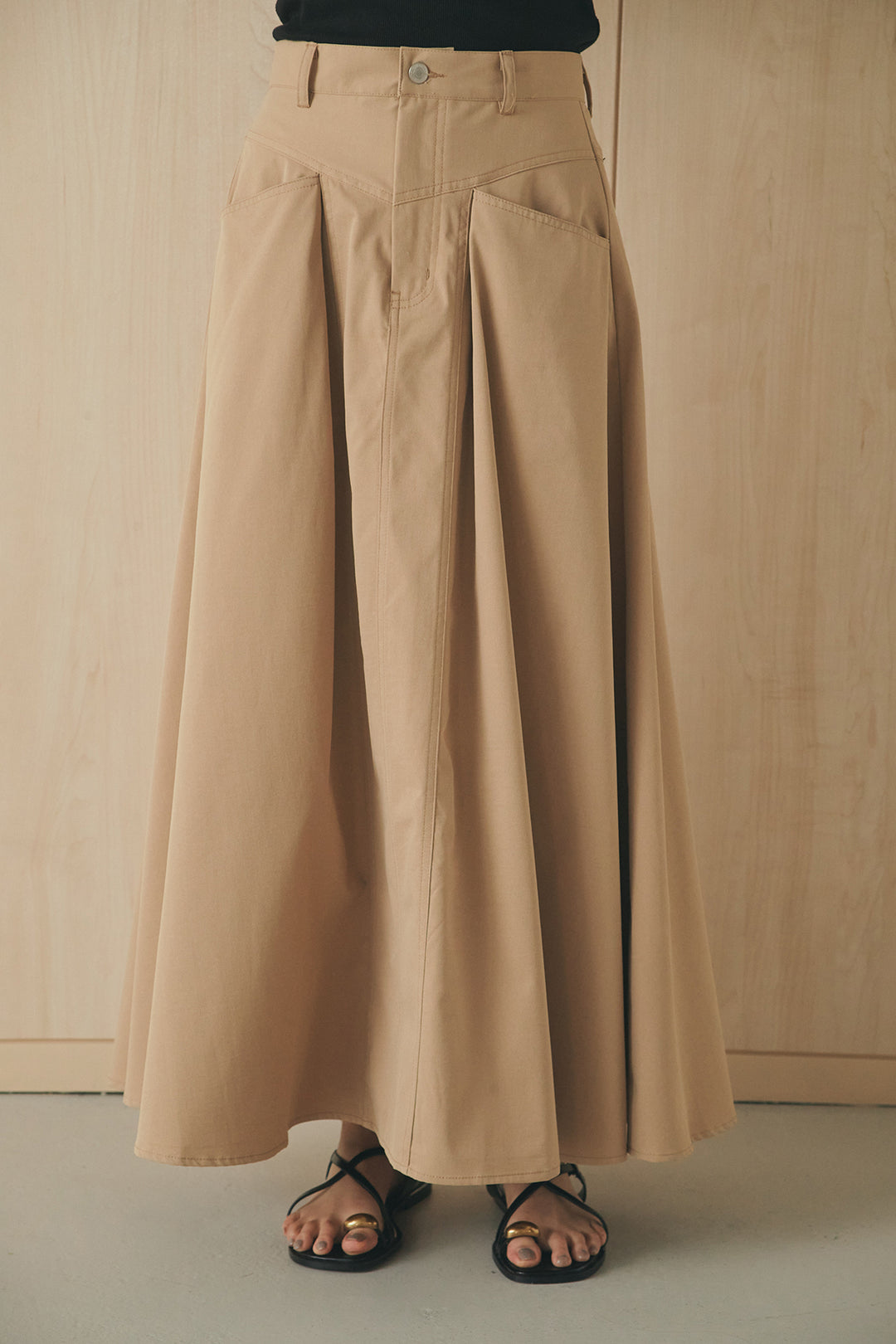 [SET]フロントテープデザイン半袖カーディガン+ミリタリーツイルタックフレアスカート(2set)