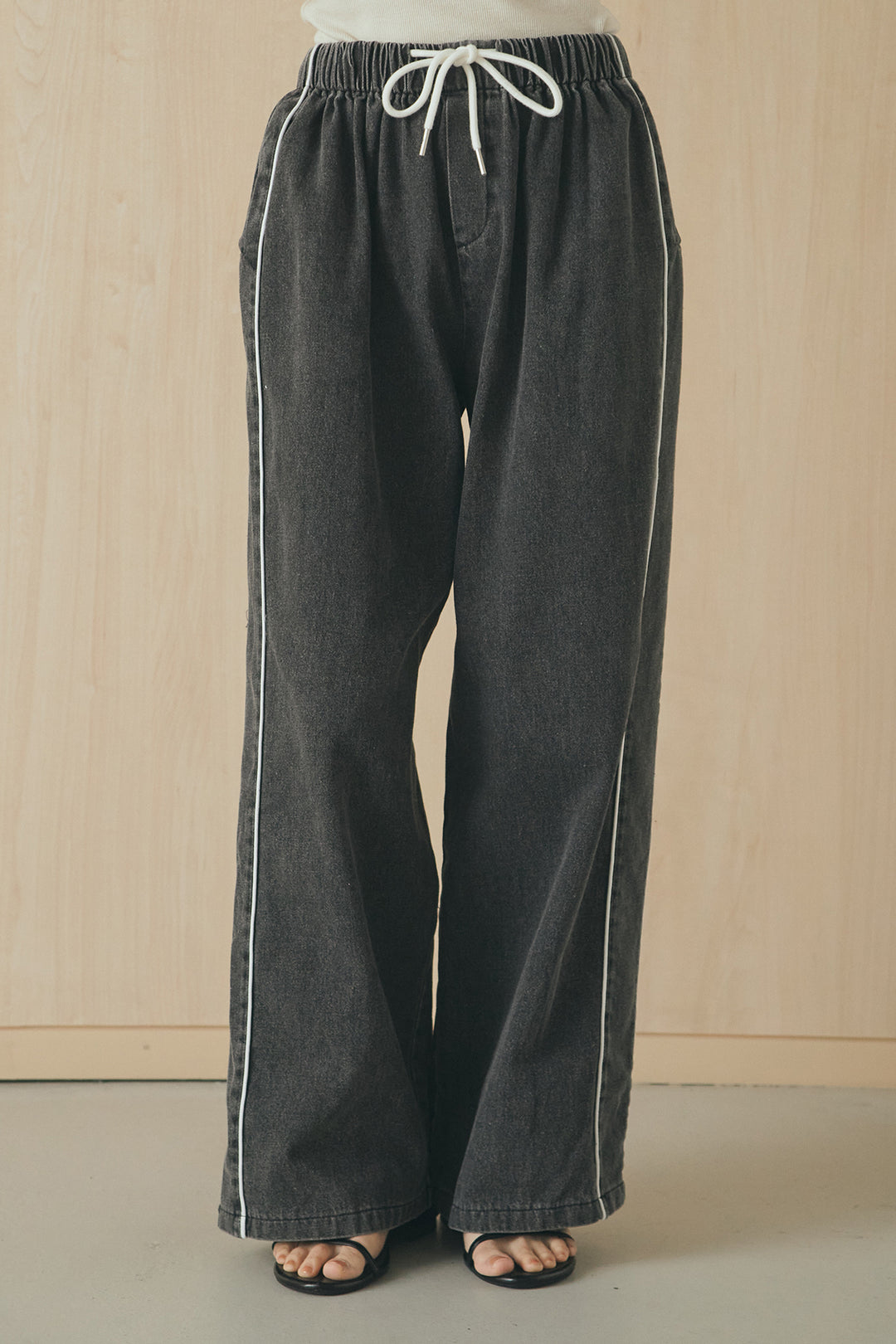 [SET]長袖襟付きレースシャツ+ドロストサイドラインデニムパンツ(2set)