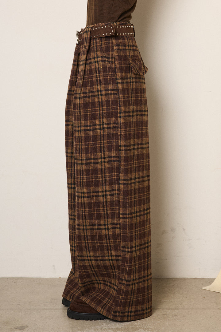 スタッズデザインベルトタータンチェックパンツ